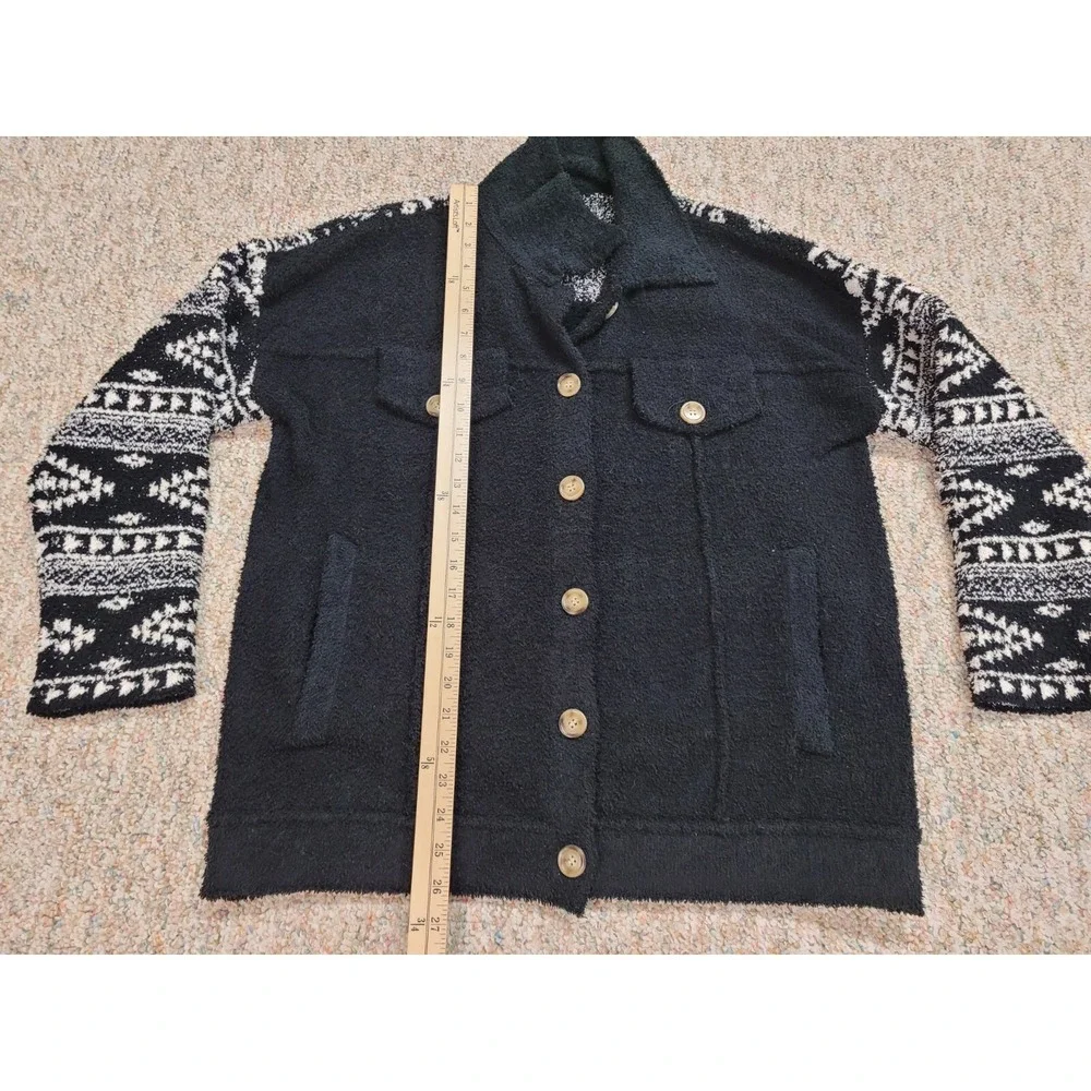 Miss Me Jacket Womens Small Black White Wubby Print Button‎ Down Soft Fuzzy